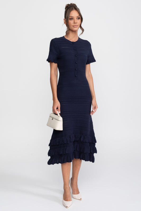 Textured Knit Button Front Midi Dress with Ruffle Hem – Navy – view 2