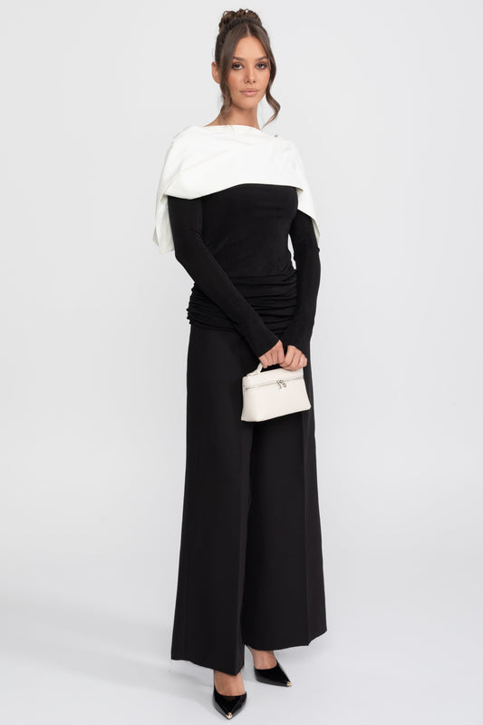 Ruched Wrap Top, Contrast Cape and Wide Leg Trouser Set – Black – view 2