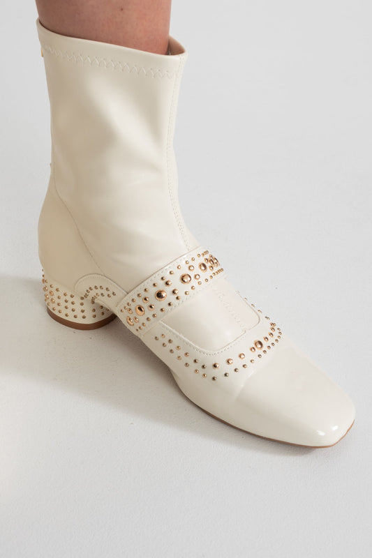 Studded Patent Ankle Boots with Adjustable Strap – Ivory – view 2