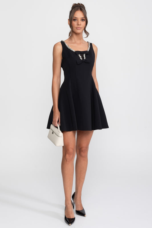 Crystal Trim Fit and Flare Mini Dress with Double Chest Bow – Black – view 2