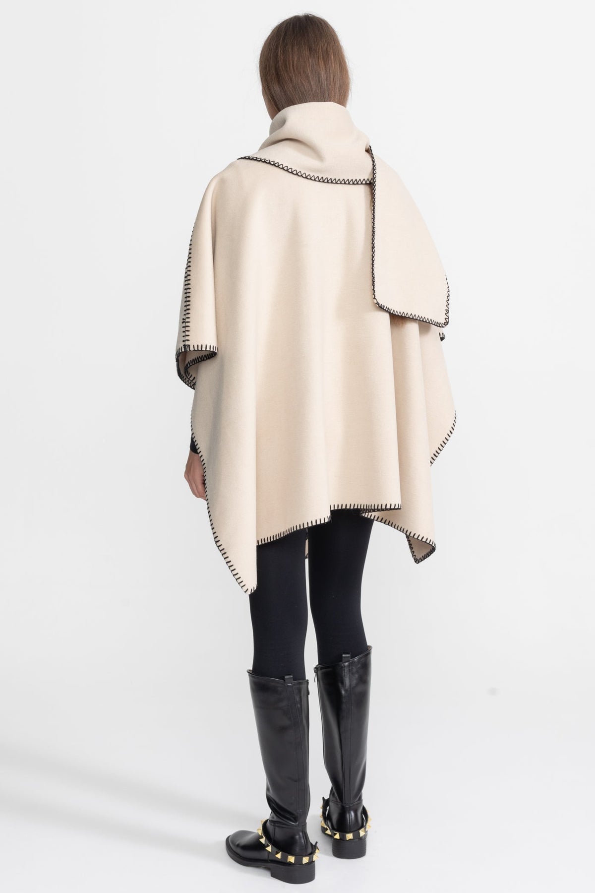 Wool Blend Poncho with Contrast Whipstitch Edging – Ivory – view 8