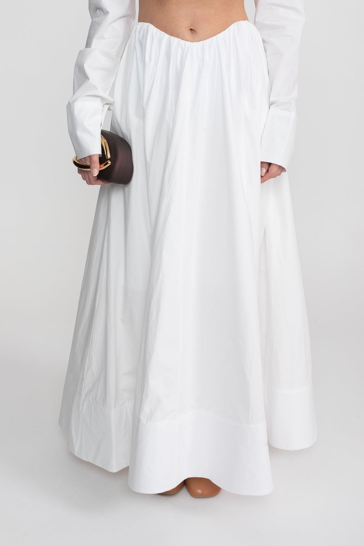 Cropped Deep V Long Sleeve Top and A-Line Maxi Skirt Co-ord Set – White