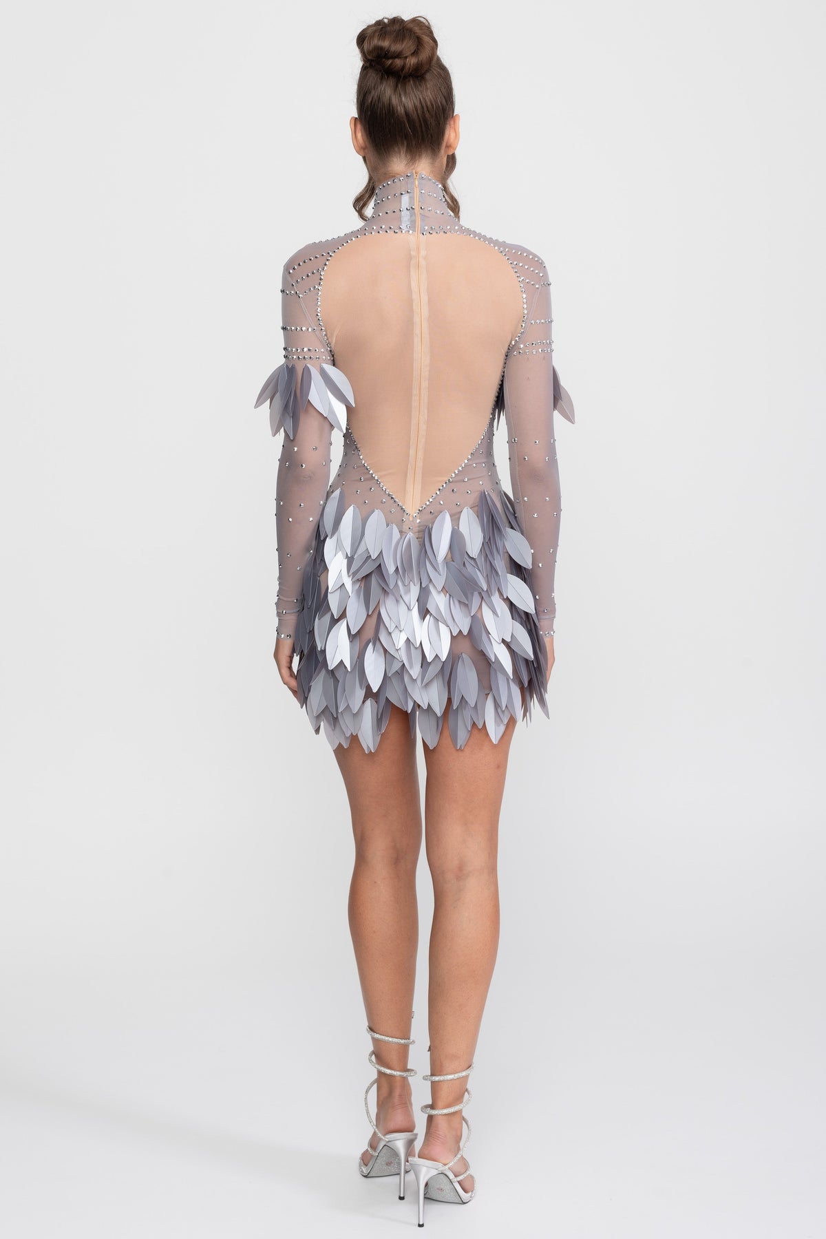 Sheer Mesh Feather-Panel Mini Dress with Crystal Mock Neck – Grey – view 10