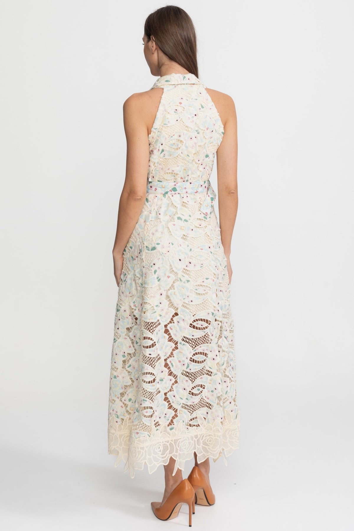 Embroidered Lace Halter V-Neck Belted Midi Dress – Ivory – view 9