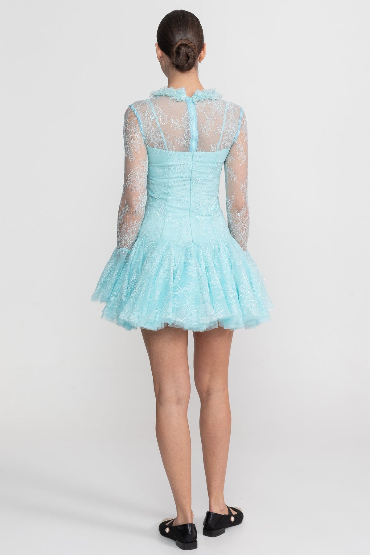 Sheer Lace High Neck Long Sleeve Mini Dress with Ruffled Hem – Teal – view 9
