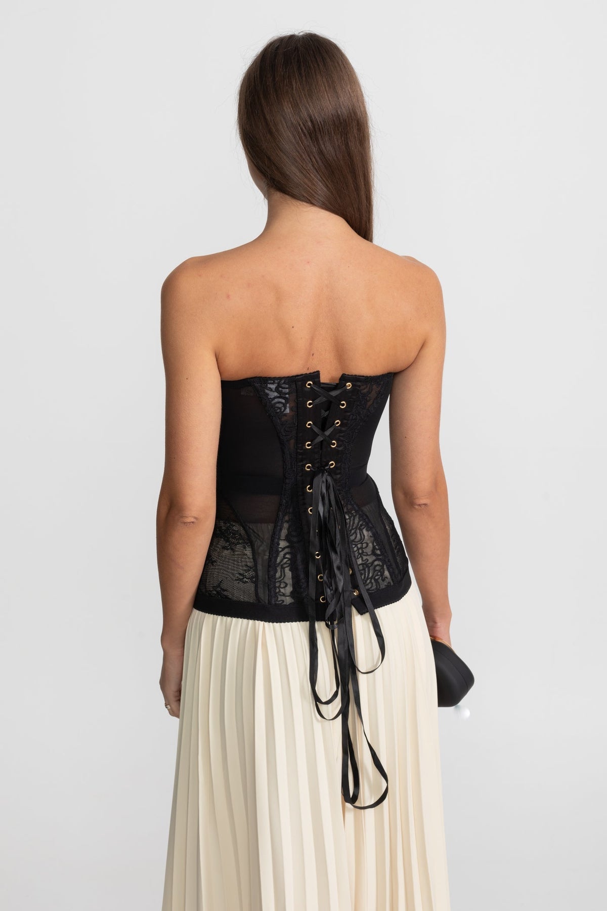 Strapless Lace Corset Top with Boning and Front Hook Closure – Black – view 9