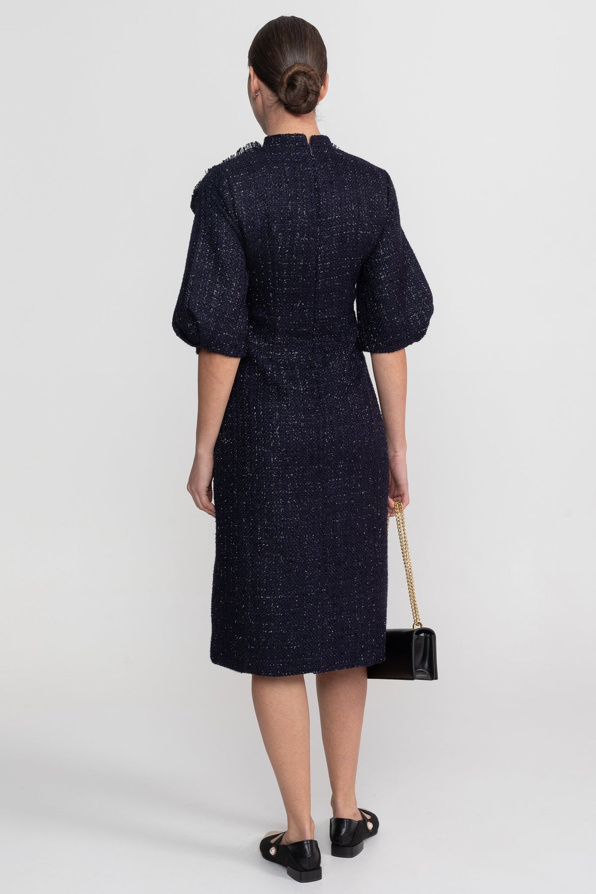 Tweed Midi Dress with Oversized Bow Neck and Puff Sleeves – Navy – view 8