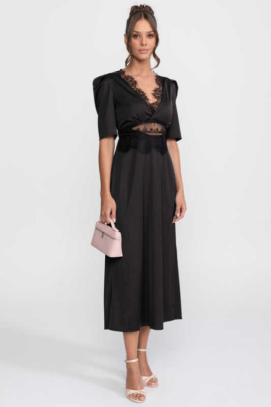 Satin Polka Dot Puff Sleeve Midi Dress with Lace Trim – Black