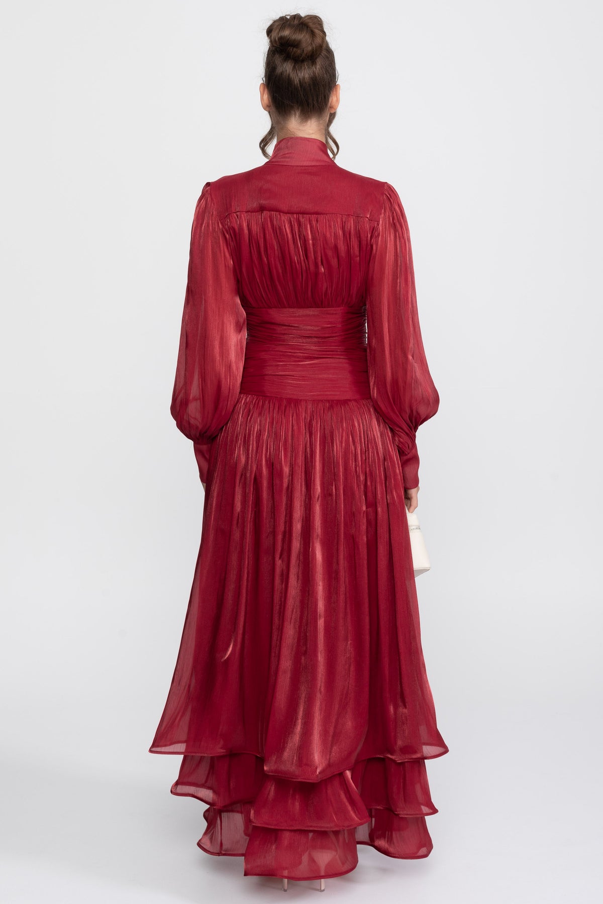 Balloon Sleeve Tiered Maxi Dress with Jewelled Rose Buttons – Red