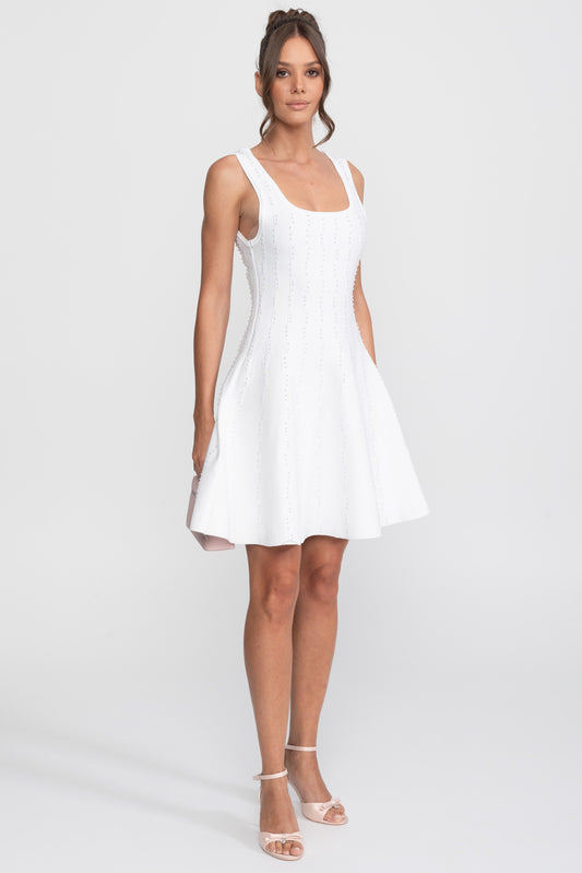 Sleeveless Square Neck Ribbed Knit Mini Dress with Pearl Beading – White – view 2