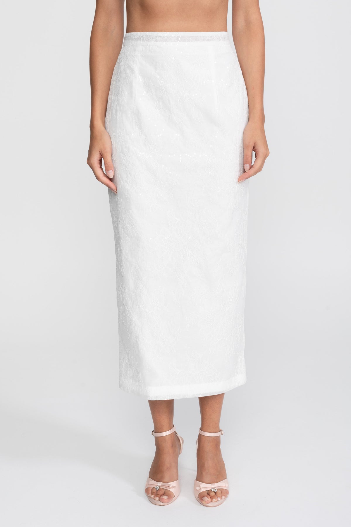 Sequin Off-Shoulder Peplum Top and Pencil Midi Skirt Set with Ribbon Bow – White – view 8