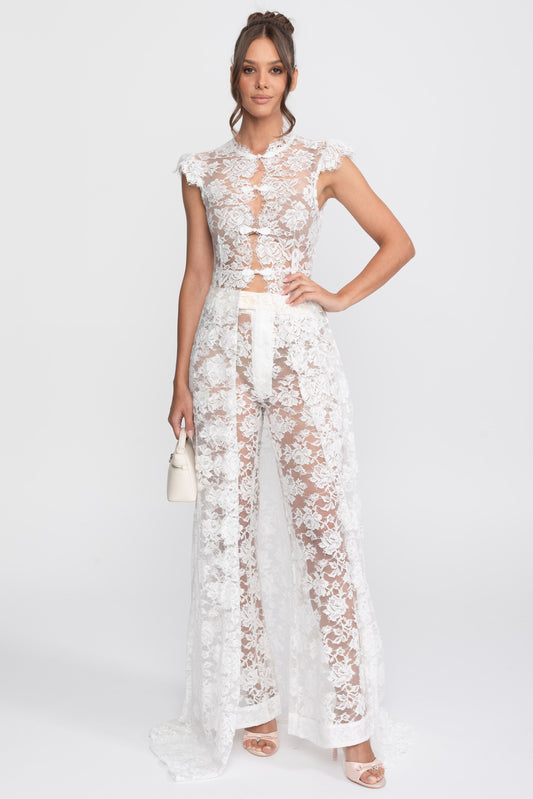 Sheer Lace Cap Sleeve Top and Palazzo Trousers Set with Trailing Panel – White – view 2