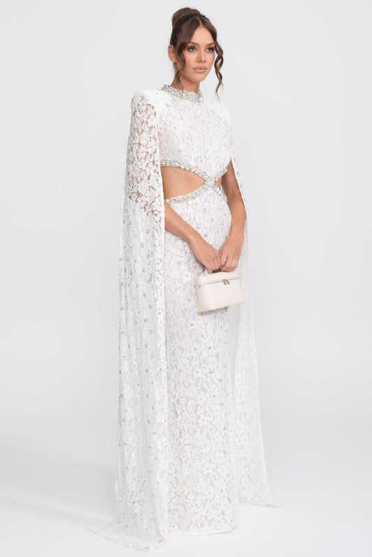 Crystal Cutout Lace Column Gown with Sequins and Cape Sleeves – White – view 2