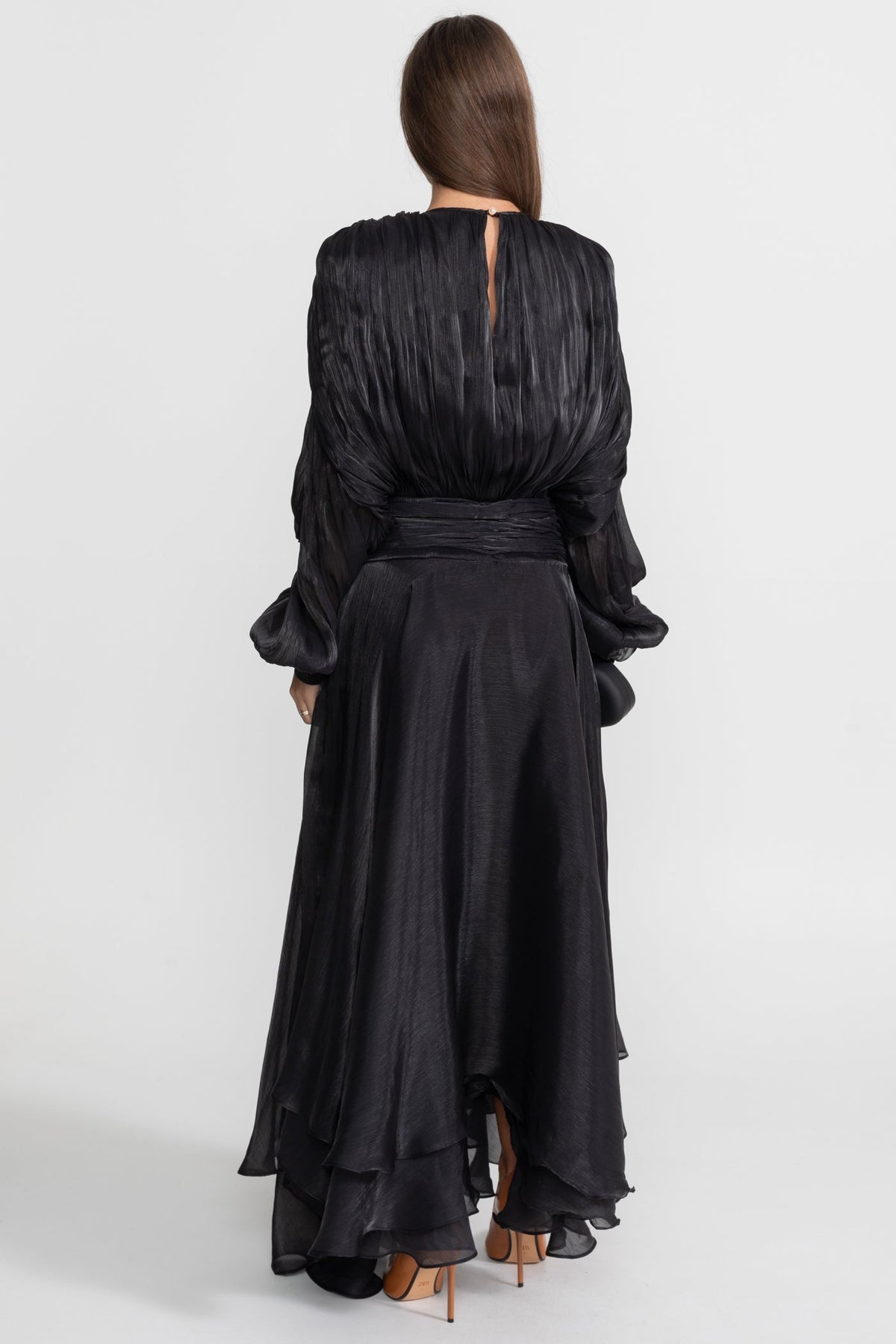 Pleated Bodice Tie Neck Maxi Dress with Draped Skirt – Black