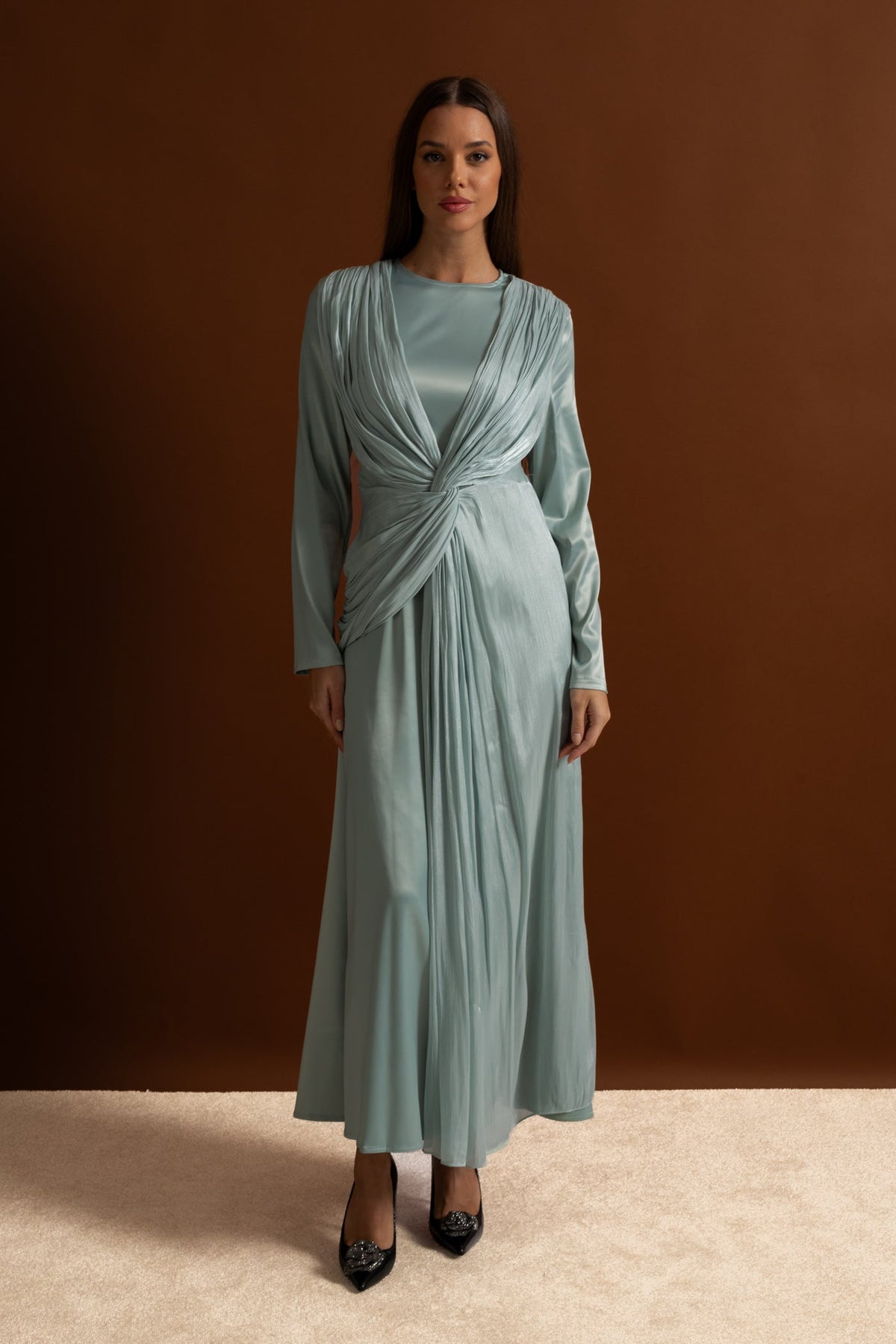 Satin Long Sleeve Midi Dress with Draped Knot Front – Teal – view 7