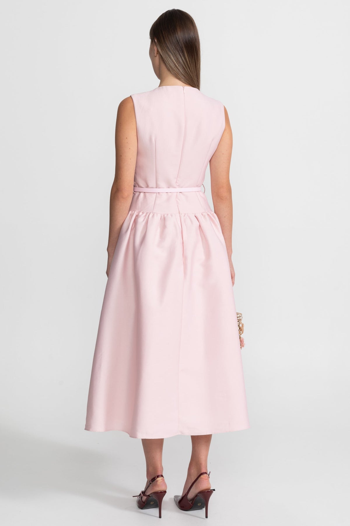 Satin Sleeveless Midi Dress with Belted Waist and Flap Pockets – Blush Pink
