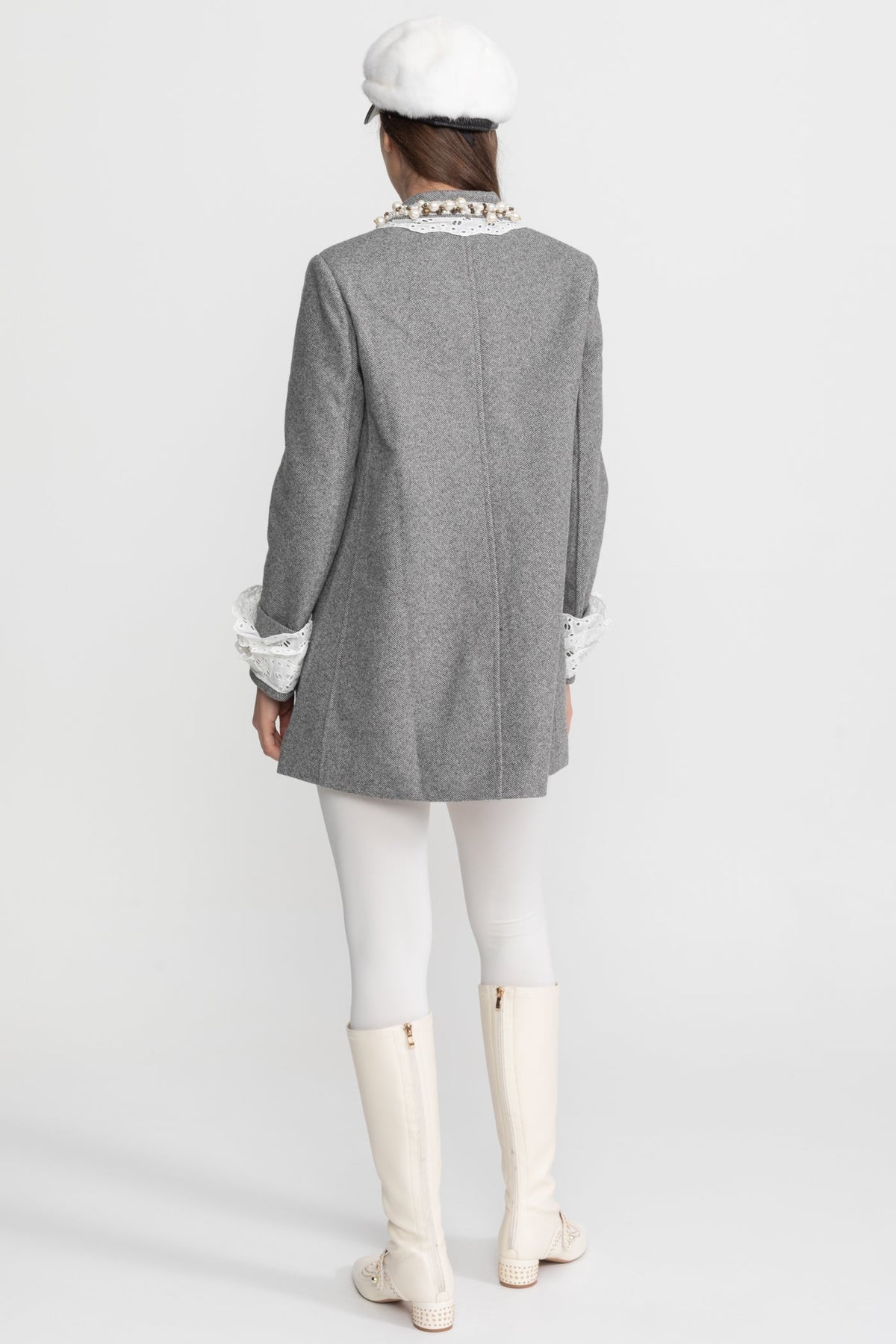 Flared Mini Coat with Pearl-Embellished Lace Collar – Grey