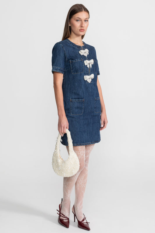 Short Sleeve Denim Mini Dress with Crystal Bow Appliqués – Dark Blue