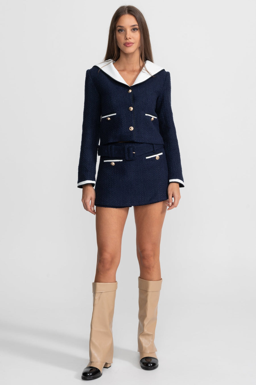Belted Tweed Mini Skirt with Contrast Trim Flap Pockets – Navy