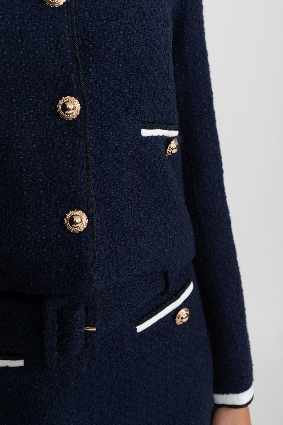 Tweed Cropped Jacket with White Contrast Collar – Navy – view 7