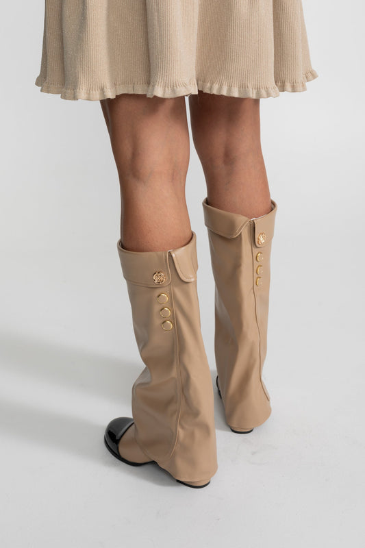 Folded Cuff Knee-High Boots with Patent Cap Toe – Beige/Black – view 2