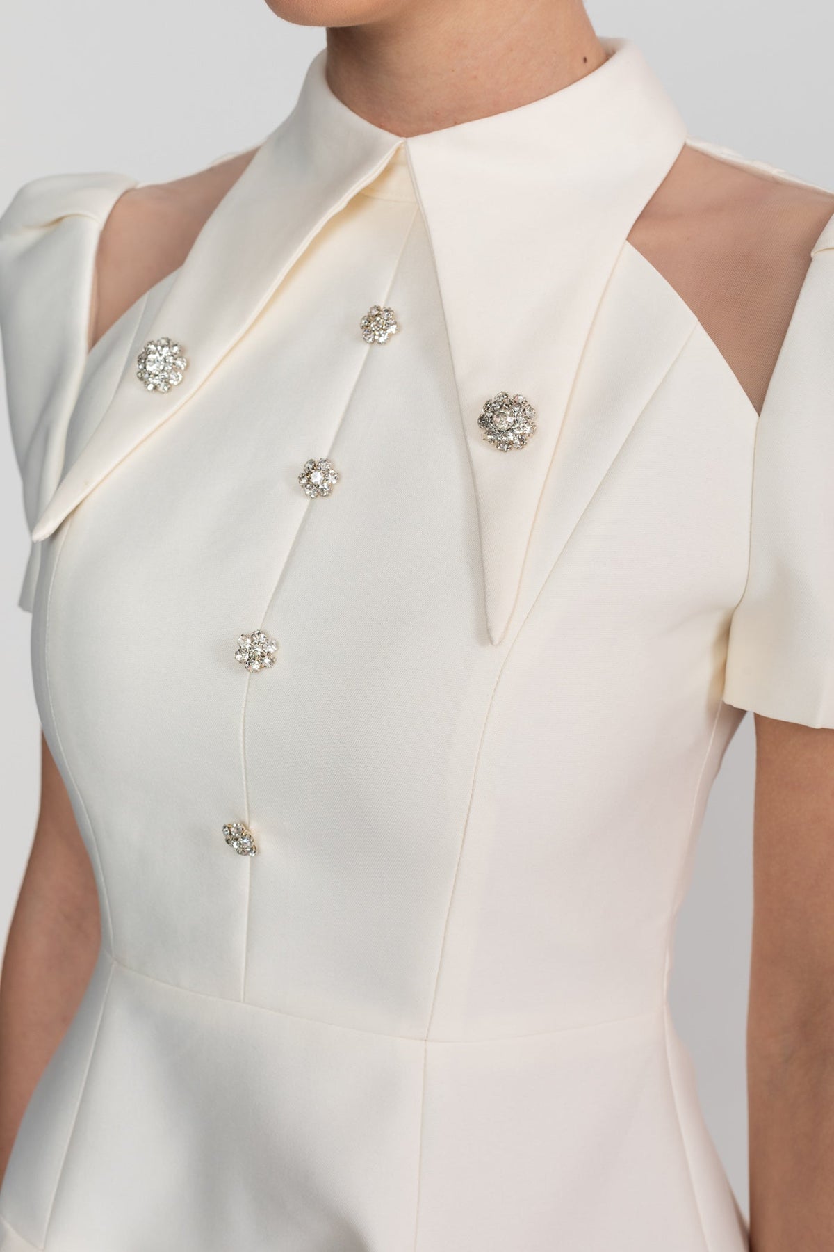 Doll Style V-Neck Mini Dress with Jewel Buttons and Flap Pockets – Ivory – view 8