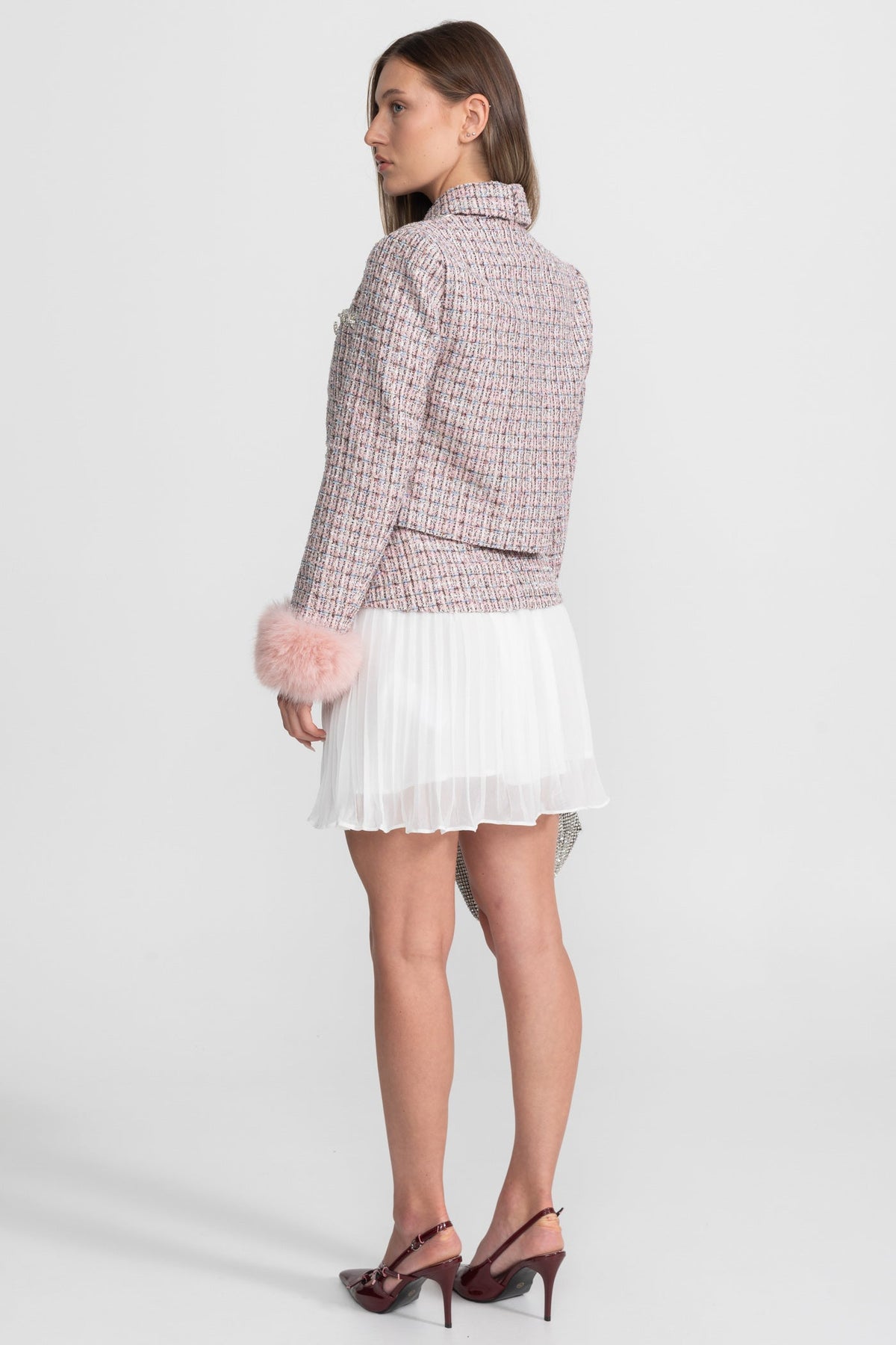 Open Front Tweed Cropped Jacket with Faux Fur Cuffs – Pink – view 9