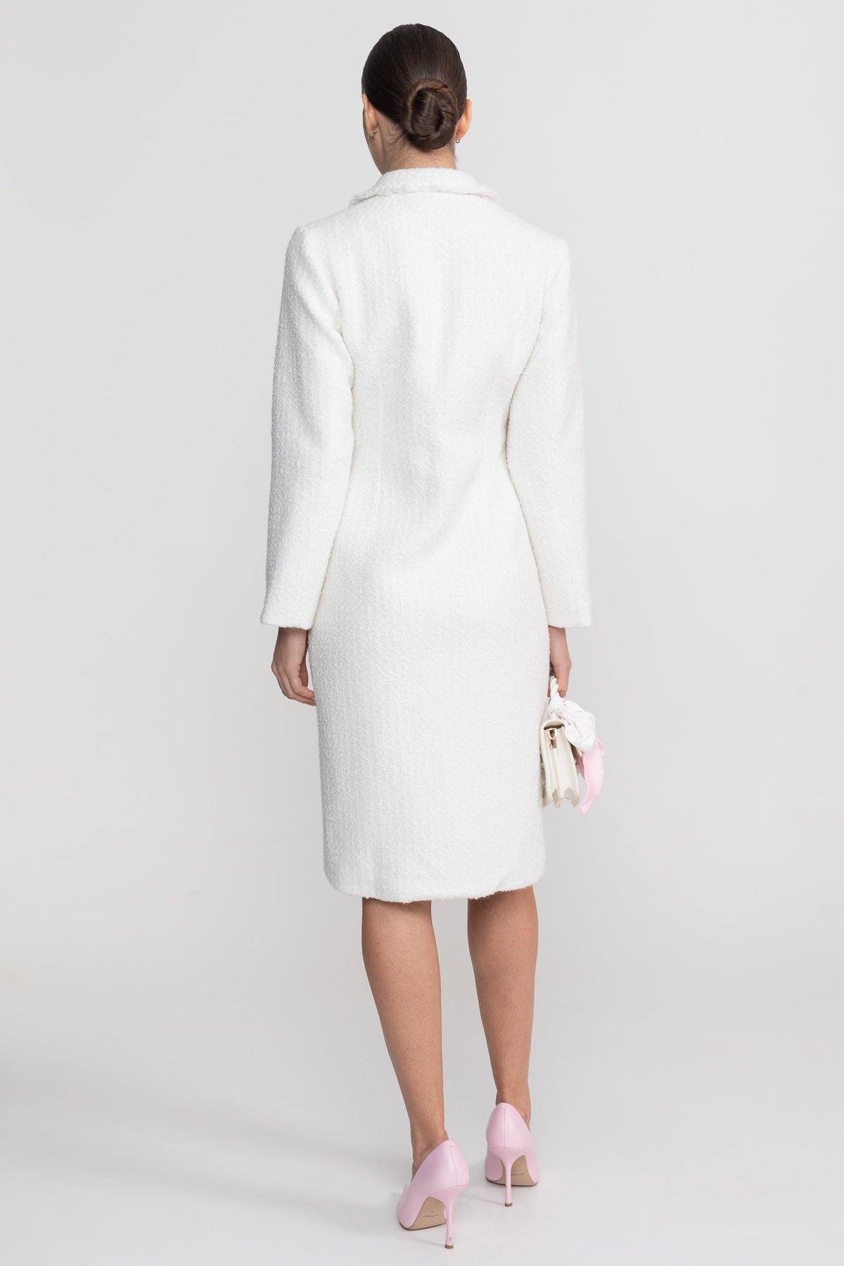 Bouclé Midi Coat with Notched Collar and Crest Buttons – White