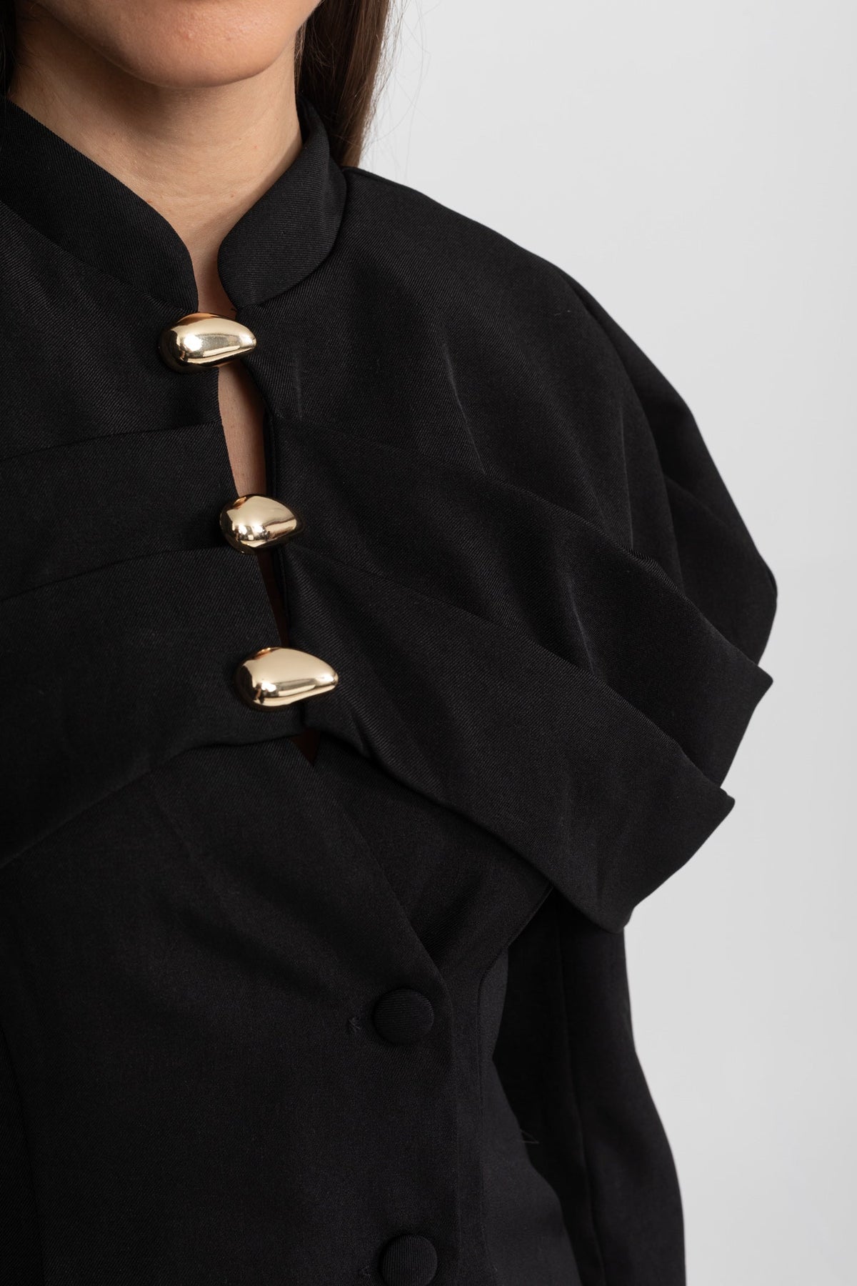 Tailored Blazer with Sculptural Cape Overlay and Gold Buttons – Black – view 5