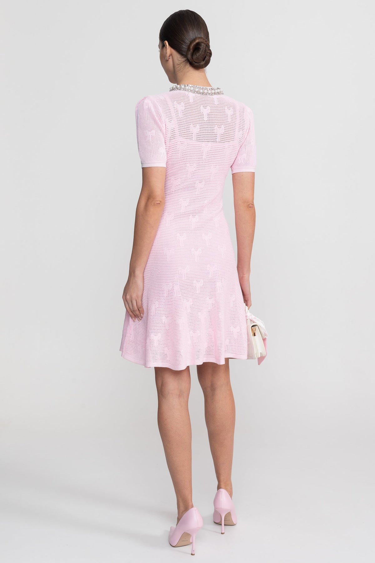Textured Knit A-Line Mini Dress with Pearl Trim Neckline – Pink – view 7