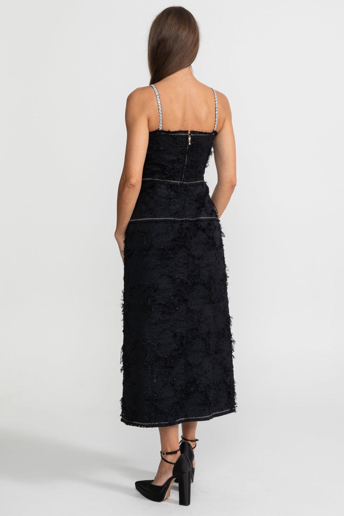 Tweed Bustier Midi Dress with Contrast Straps and Velvet Bows – Black – view 8