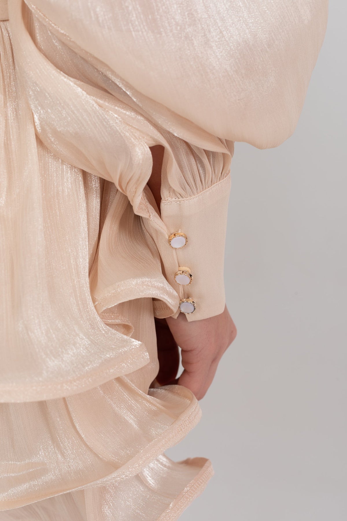 Stand Collar Balloon Sleeve Mini Dress with Tiered Ruffle Skirt – Champagne – view 12