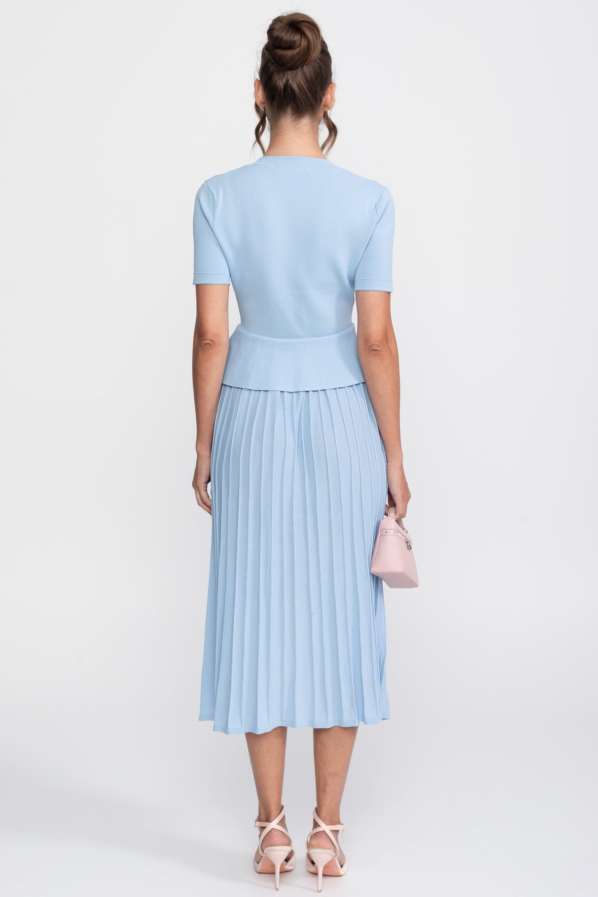 Short Sleeve Ribbed Knit Peplum Midi Dress with Button Front – Light Blue – view 9