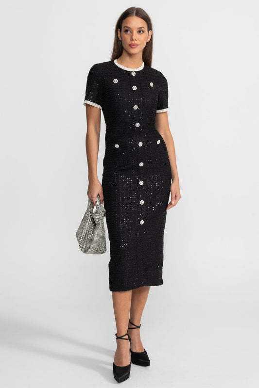 Sequin Short Sleeve Midi Dress with Crystal Buttons and Lace Trim – Black – view 2