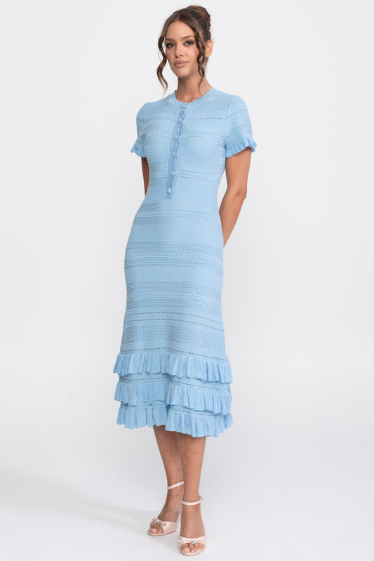 Textured Knit Button Front Midi Dress with Ruffle Hem – Sky Blue – view 2