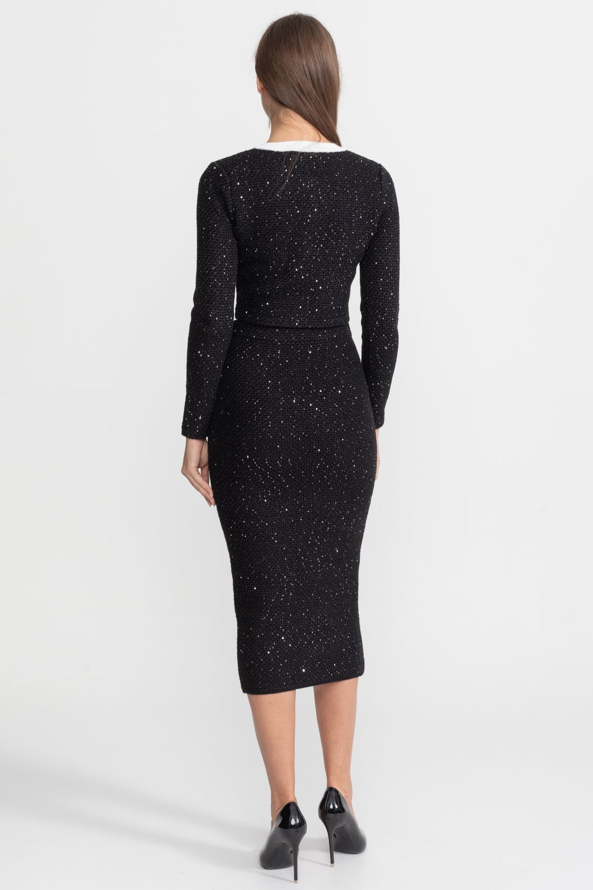 Floral Appliqué Tweed Knit Cropped Cardigan and Midi Skirt Set – Black