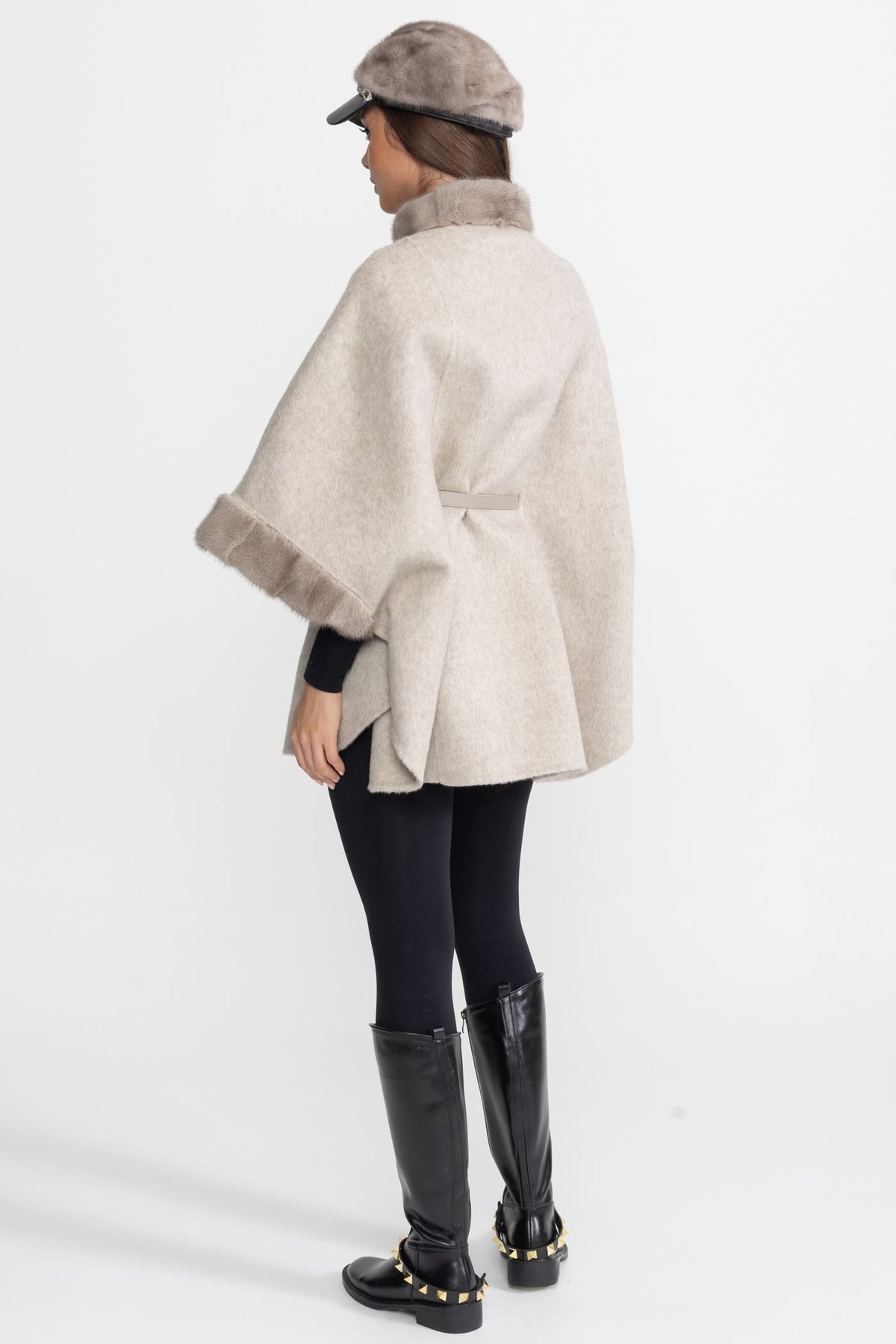 Wool Blend Cape Coat with Collar Trim and Tie Belt – Light Grey – view 8