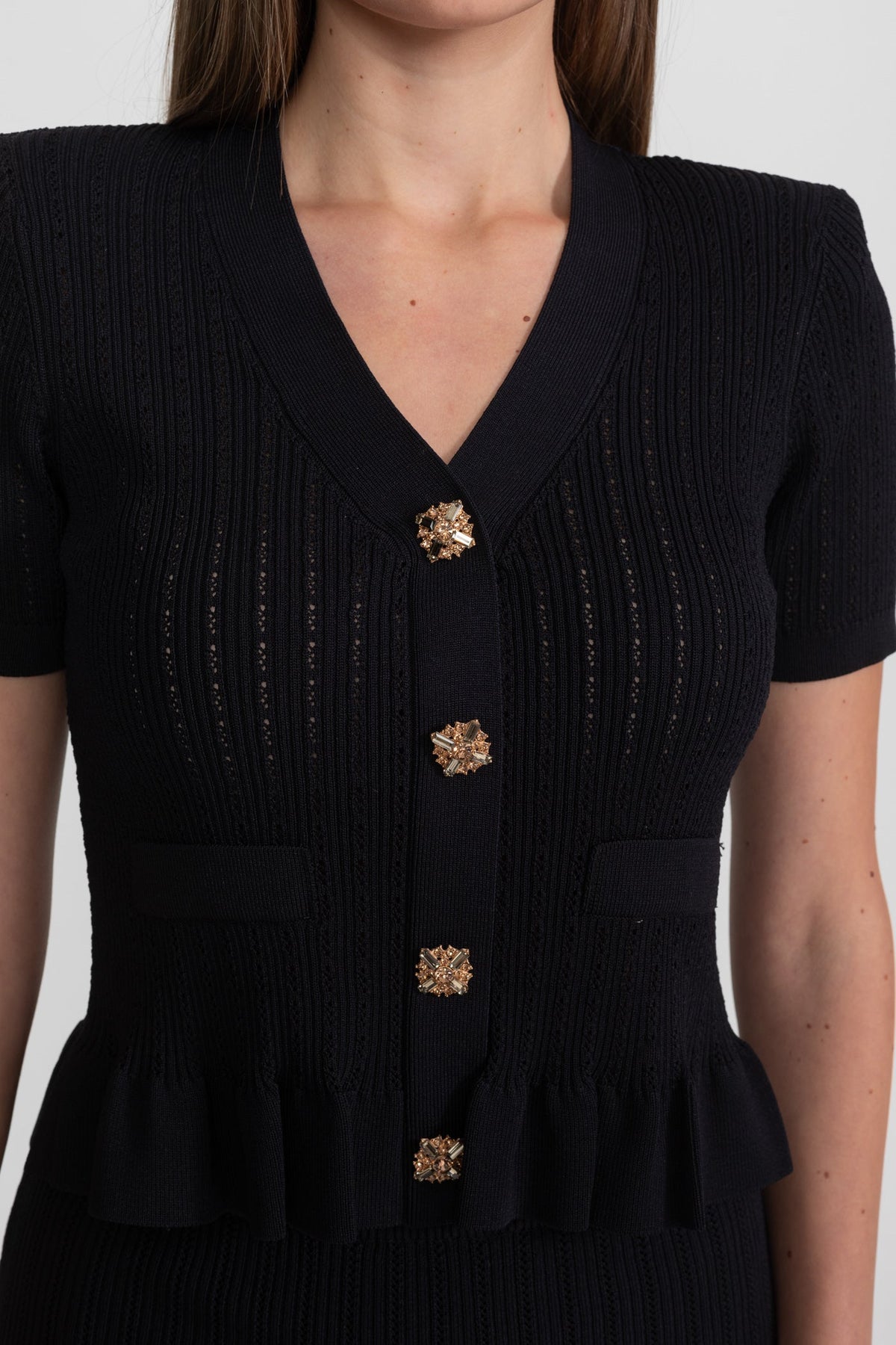 Ribbed Knit Peplum Top and Midi Skirt Co-ord with Gold Buttons – Black – view 5