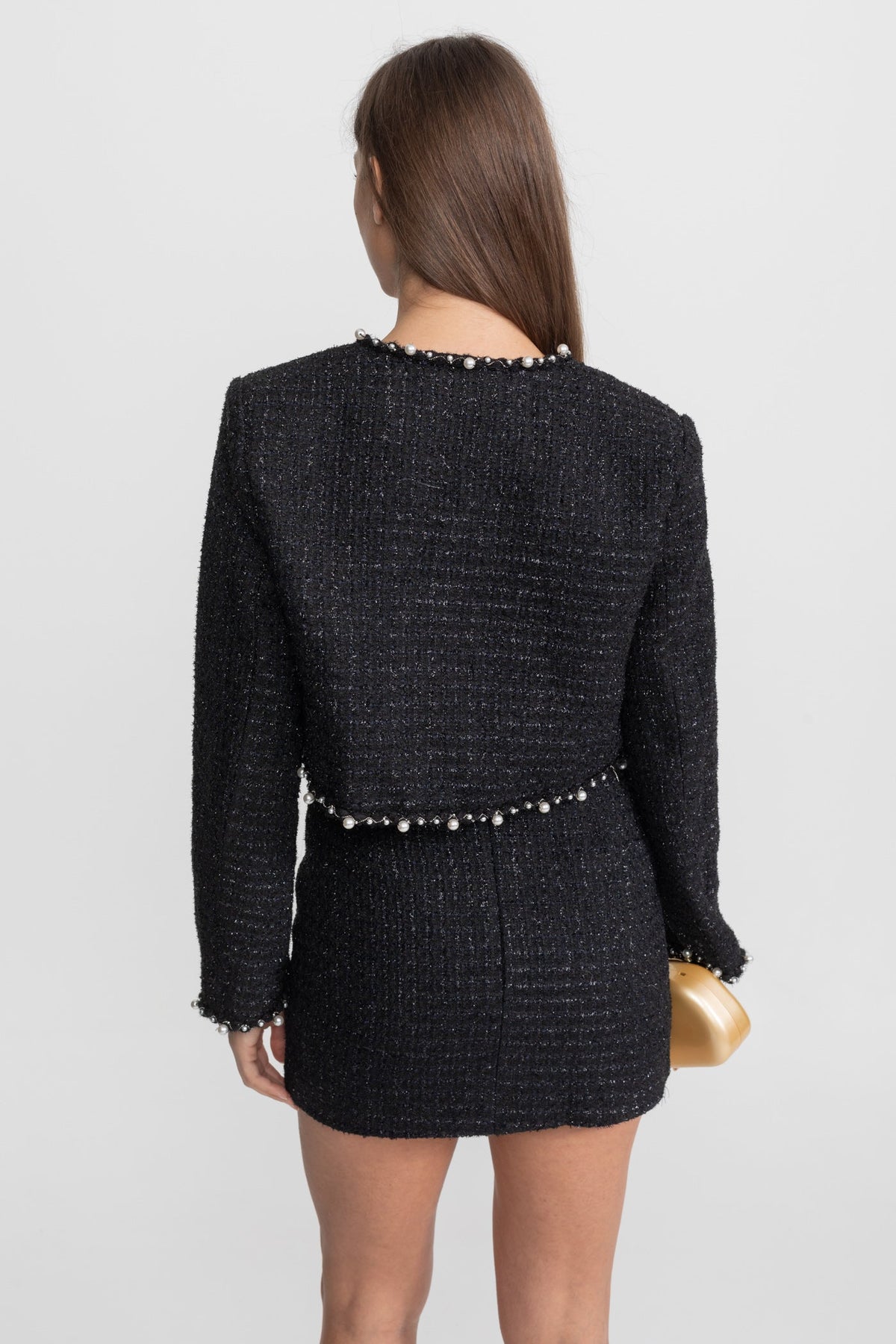 Cropped Open-Front Tweed Blazer with Pearl Trim – Black – view 9