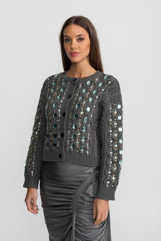 Cropped Embellished Cable Knit Cardigan with Gem Detailing – Charcoal Grey – view 2
