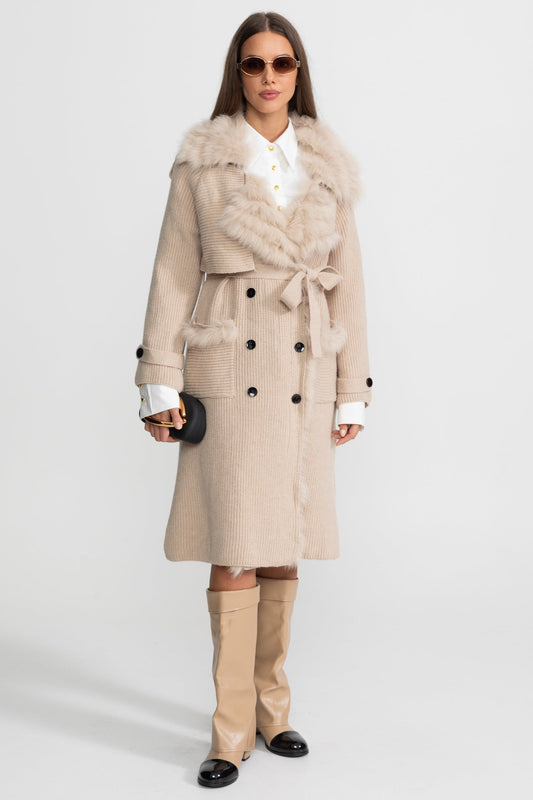 Double-Breasted Wool Knit Belted Overcoat with Collar Trim – Beige – view 2