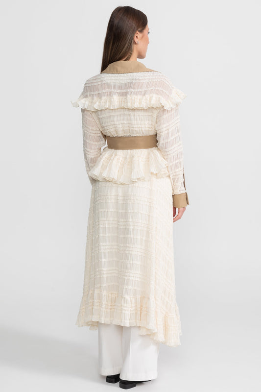 Longline Double-Breasted Lace Panel Trench Coat with Belt – Beige