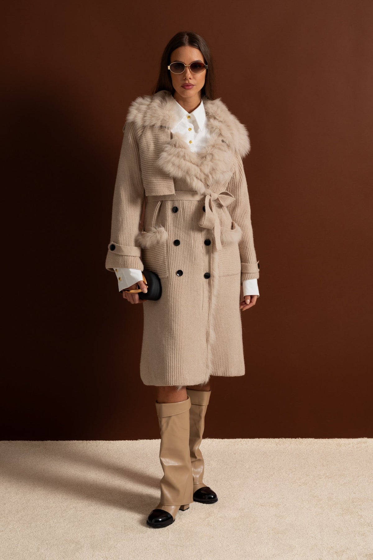 Double-Breasted Wool Knit Belted Overcoat with Collar Trim – Beige – view 9
