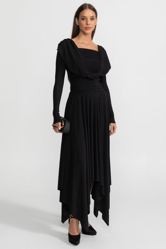 Draped Long Sleeve Jersey Midi Dress with Asymmetric Hem – Black – view 2