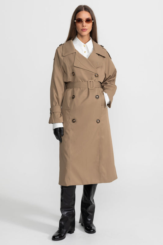 Double-Breasted Midi Trench Coat with Epaulettes and Belt – Khaki – view 2
