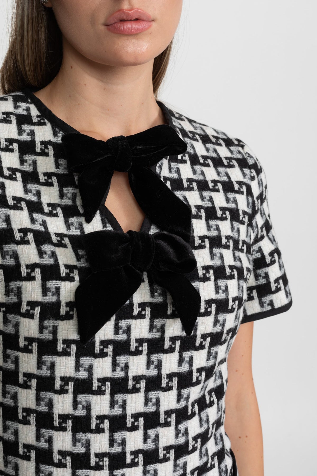 Check Tweed Mini Dress with Keyhole Neck and Velvet Bows – Black & White – view 7