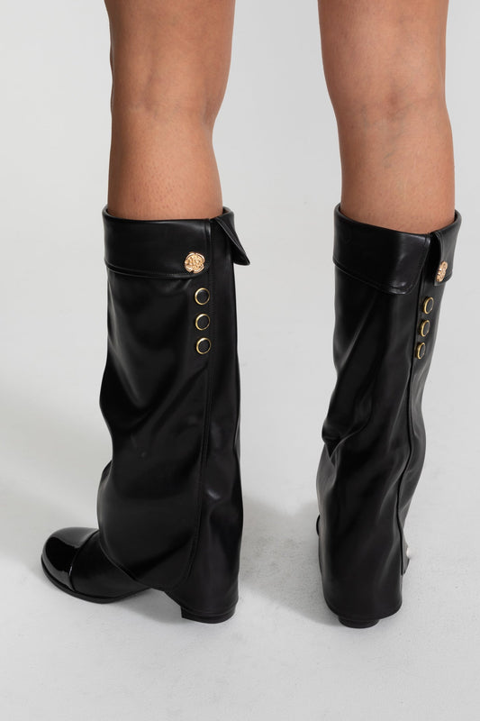 Folded Cuff Knee-High Boots with Patent Cap Toe – Black – view 2