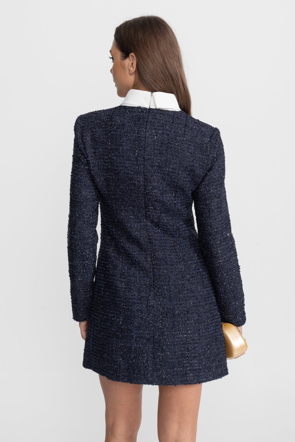Long Sleeve Tweed Mini Dress with High Neck and Crystal Buttons – Navy – view 8