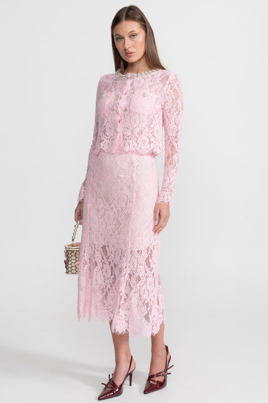 Long Sleeve Lace Top and Midi Skirt Set with Crystal Collar – Pink – view 2