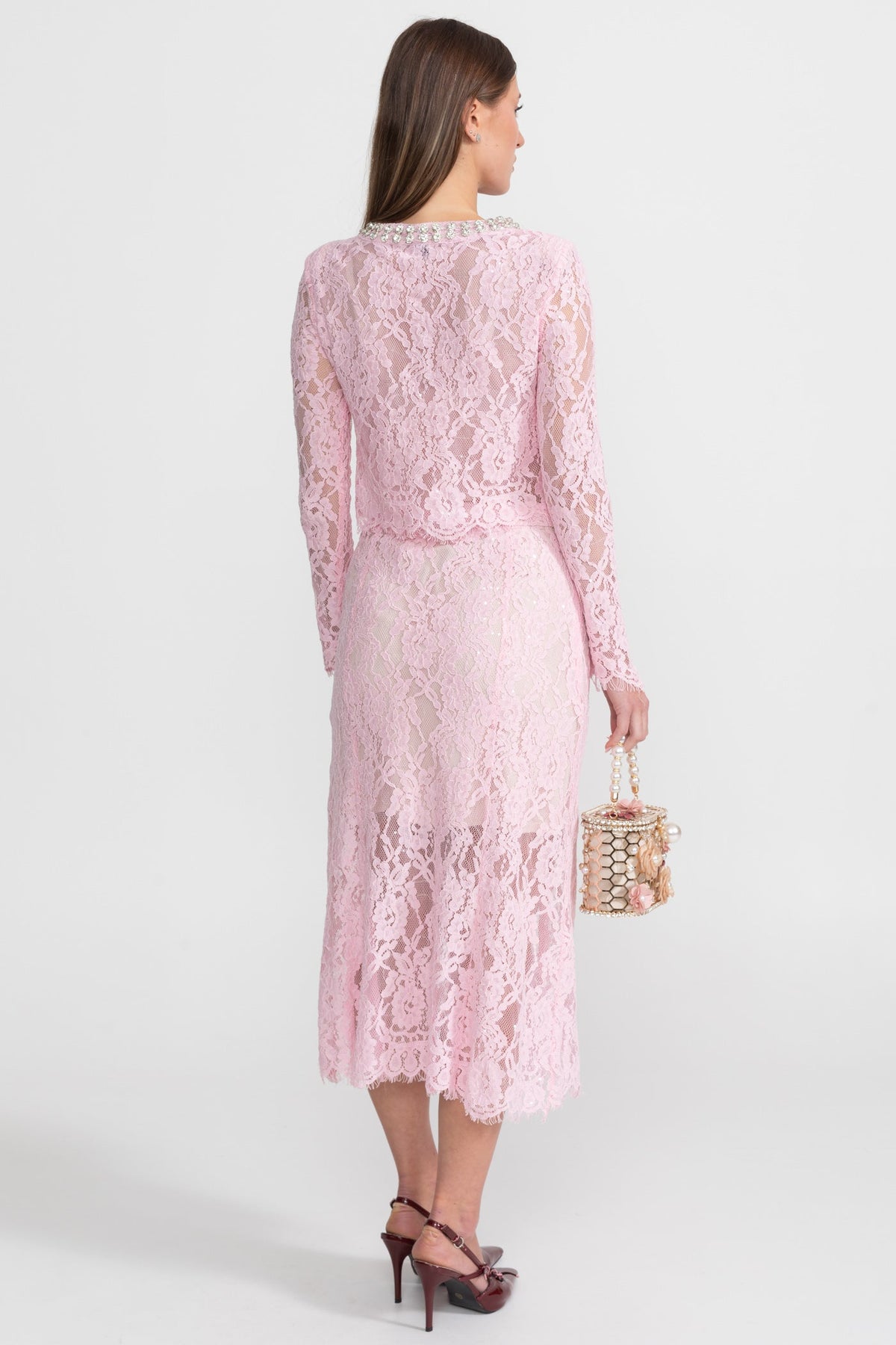 Long Sleeve Lace Top and Midi Skirt Set with Crystal Collar – Pink – view 9